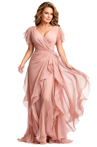 Short Sleeve Mother of The Bride Dress for Wedding Ruffle Chiffon V Neck