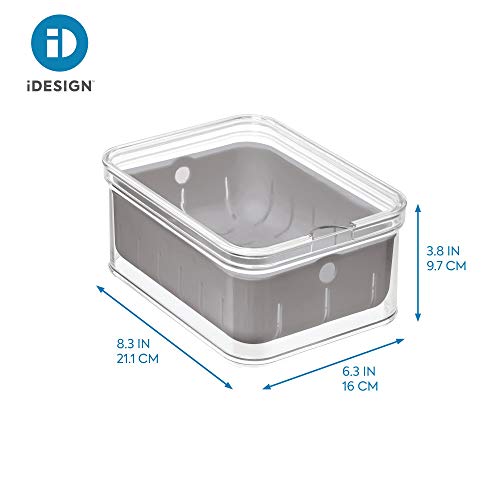 Idesign Recycled Plastic Crisp Produce Storage Containers With Lid And Colander Basket Designed To Keep Food Fresh Longer, 8.32” X 6.32” X 3.76”, Clear/Gray #TOP4