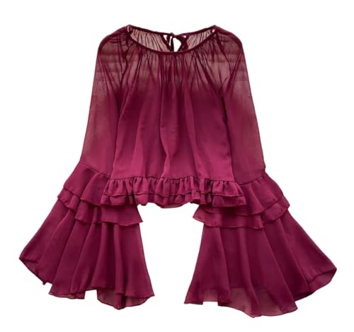 Chemise à manches longues évasées en mousseline de soie plissée pour femme
