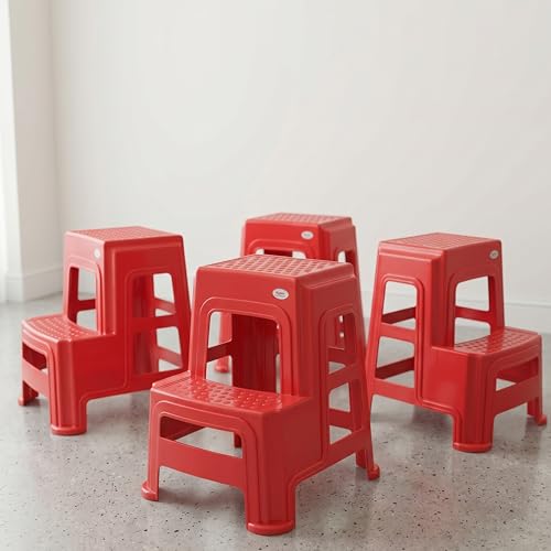 Image of Oaknest Supreme Multipurpose Plastic 2-Step Stool for Kids & Adults - Anti-Slip Lightweight Stepping Stool for Kitchen, Bathroom & Home - Red, 4 Piece