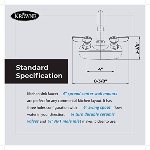 Krowne Wall Mount Kitchen Faucet - Utility Sink 4” Center Mount, 6" Swing Spout, ½” Npt Male Inlet, 2 Gpm Flow Rate, Ceramic Valve Chrome Plated Finish, Lever Handle, Silver Series Plumbing, 10-406L #TOP2