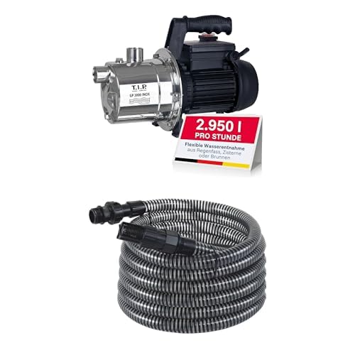 T.I.P. Edelstahl Gartenpumpe GP 3000 INOX - Leistungsstarke 550 W Pumpe mit 2950 l/h Leistung und thermischer Überlastschutz + T.I.P. 31012 Saugschlauch - Ansaugschlauchgarnitur 7 m