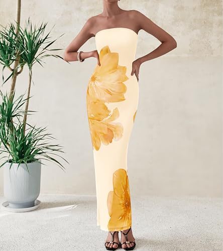 Image of PRETTYGARDEN Women Summer Strapless Maxi Dress Bodycon Floral Sexy Long Wedding Guest Dress Formal Tube Mesh Cocktail Dresses