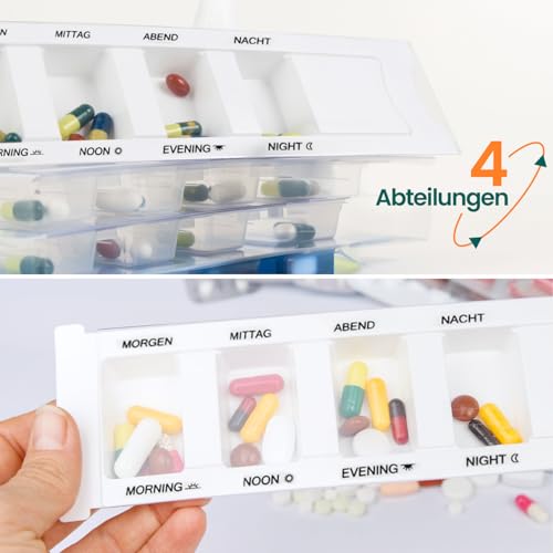Pillenbox mit 4 Fächern – BPA-frei – Packung mit 10 Stück, Medikamenten-Organizer, viermal täglich – morgens, mittags, abends und vor dem Schlafengehen für den täglichen Gebrauch | (weiß)