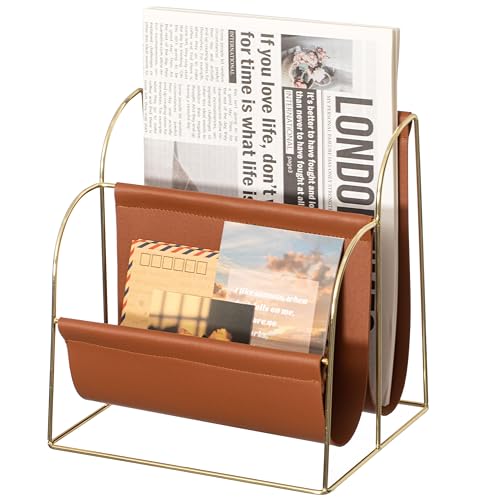 Fabulaxe Contemporary Gold-Tone Metal Magazine Holder with Two Spacious Brown Faux Leather Compartments for Organizing Magazines Newspapers & Files Ideal in Living Rooms Offices and Reading Corners