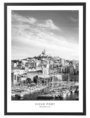 Générique Tableau Marseille - Vieux port 50 x 70 cm avec cadre en bois noir inclus - Affiche décoration noir et blanc