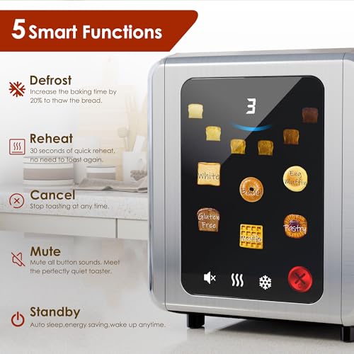 WHALL Full Touch Screen Toaster 2 Slice, 1.5'' Wide Slot Stainless Steel Toaster with Digital Timer, 6 Bread Types & 6 Shade Settings, Crumb Tray, Reheat/Defrost, Smart Toasters for Bagels, Silver by whall - Image 6