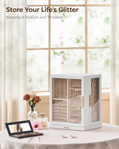 360° Rotating Jewelry Box with 5 Drawers, Spacious Vertical Jewelry Organizer with Glass Window, Jewelry Storage Case, Dustproof & Moisture-resistant Design, White2