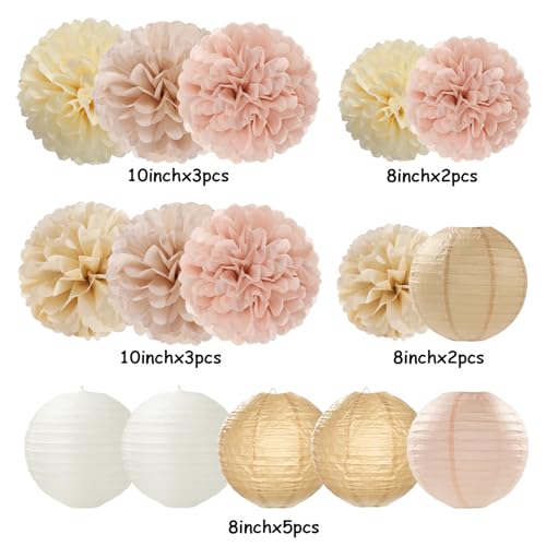 Image of Champagne-Gold White Party-Decorations Paper-Flowers Lanterns - 15PCS Boho Fall Rustic Tissue Pom Poms Streamers,Wedding Baby Bridal Shower Neutral Autumn Birthday Hanging Supplies Decor Hugfond