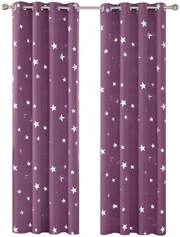 Deconovo Thermal Insulated Blackout Curtains Eyelet Silver Star Foil Printed Curtains for Kids Bedroom 55x90 Inch Purple Grape 2 Panels