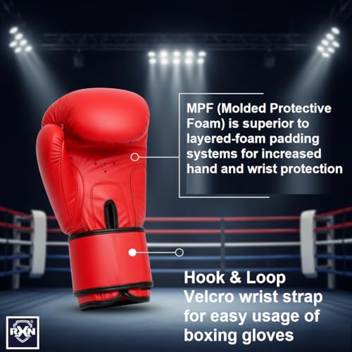Image of RXN Training & Sparring Boxing Gloves for Men & Women (Red,16oz) | MPF Molded Foam Padding | Hook & Loop Wrist Closure | Pre-Curved Fit for Boxing, Kickboxing, MMA & Fitness Training