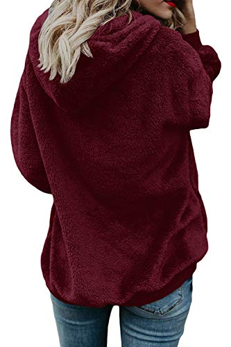 Yanekop Womens Fuzzy Fleece Jacket Sherpa Zip Up Outerwear Coat Oversized Hoodie With Pockets(Burgundy,M) #TOP1