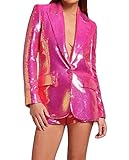Hot Pink Sequin Blazer and Short Set for Women 2 PC Slim Fit Notch Lapel Prom Party Suit Hot Pink XXL