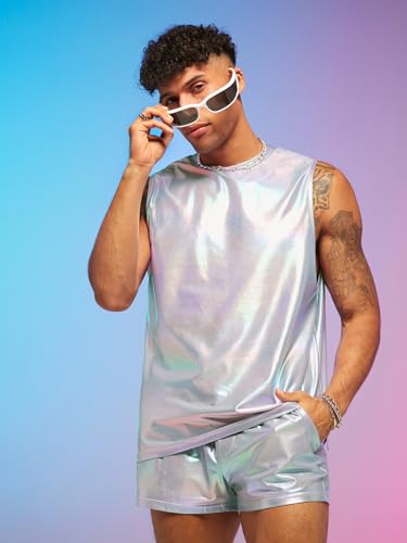 WDIRARA Men's 2 Piece Outfit Holographic Sleeveless Tank Top and Drawstring Track Shorts Set4