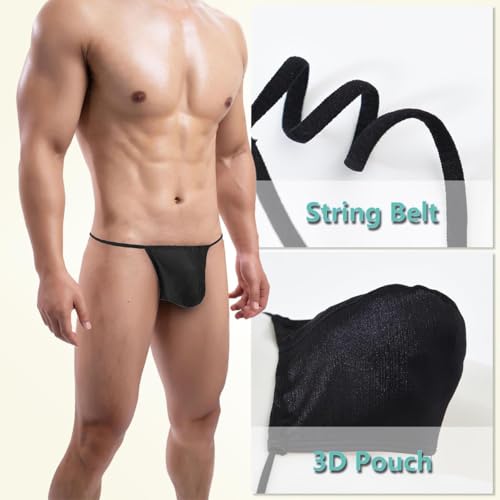 Men's Sexy T Back Underwears Adjustable Pouch Thongs Silky Low Rise Micro G String Bikini3