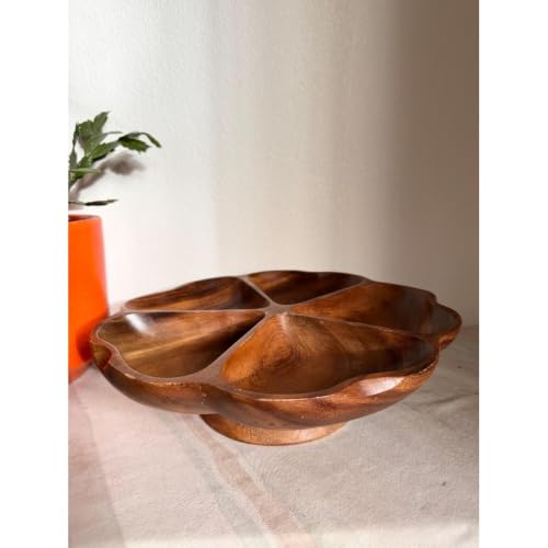 11.75 Vintage Monkey Pod Wood Lazy Susan, Mid Century Divided Serving Tray, Rotating Appetizer Server, Wooden Snack Organizer, Retro Table Centerpiece for Kitchen Dining Room Decor