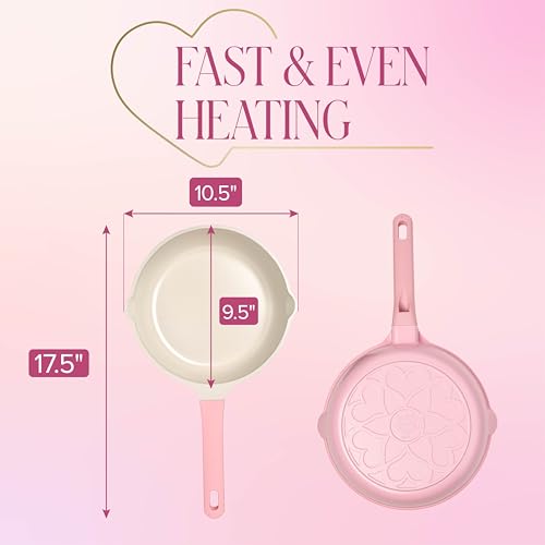 Paris Hilton Ceramic Cast Aluminum Nonstick Fry Pan, Fast & Even Heating with Easy Pour Spouts & Comfort-Grip Handle, 9.5-Inch, Pink by Paris Hilton - Image 4
