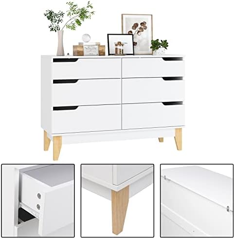 FirFurd Chest of Drawers Sideboard Storage Cabinet Bedroom 6 Drawers Cabinet with Legs White Wooden Furniture 107x40x75cm