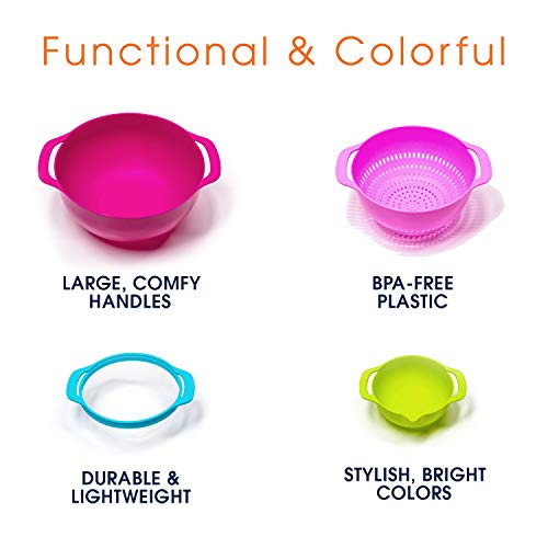 Cheer Collection 15 Piece Nested Bowl Set with Mixing Bowls, Colander, Sifter and Measuring Spoons, BPA-Free Bright Colorful Plastic Space-Saving Food Prep - Thumbnail 3