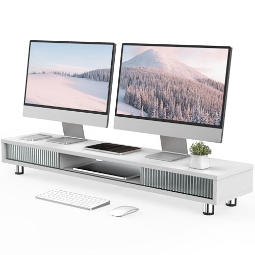 Image of Fenge Dual Monitor Stand, 42.5inch Long Monitor Stands Riser for 2 Monitors, Glass Sliding Door with Storage Organizer Stand for Desk, 2 Tier Desk Shelf for Laptop, Pc, Printer, Computer, TV