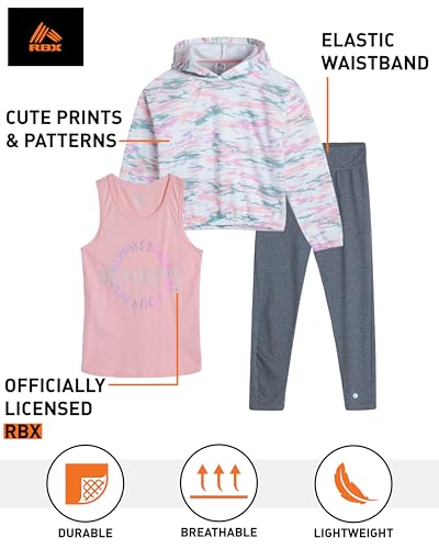 Image of RBX Girls Pants Set - 3 Piece Active Fleece Tank Top Pullover Girls Hoodies and Kids Leggings Athletic Set (7-14)