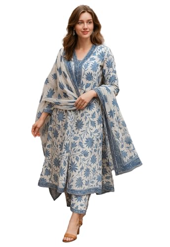 Image of Yashika Women's Cotton Blend Printed Kurta with Pant & Dupatta| Kurta with Pants and Dupatta Set