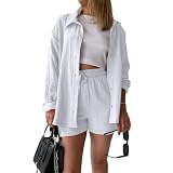 Womens 2 Piece Short Set Linen Co Ord Vacation Flowy Beach Spring Dressy Sets Ibiza Miami Country Concert Club Beachy Cruise Outfits Gauze Shirts Linen Shorts Comfy Lounge Sets Western Wear Women