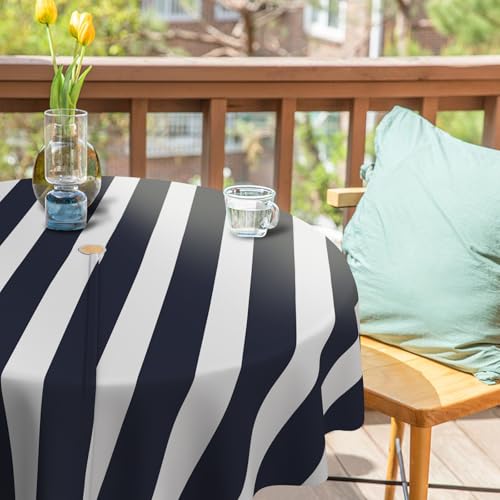 bnhjsdw Navy Blue Strips Print Outdoor Tablecloth with Umbrella Hole for Round Table, Waterproof Navy Blue Patio Table Cloth with Zipper - 60 x 60 inches by bnhjsdw - Used condition - Image 3