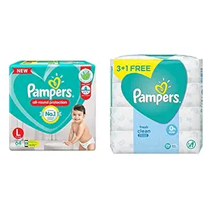 Pampers New Diapers Pants, Large (64 Count) & Pampers Fresh Clean Baby Wipes - 64 Wipes/Pack (Buy 3 Packs Get 1)