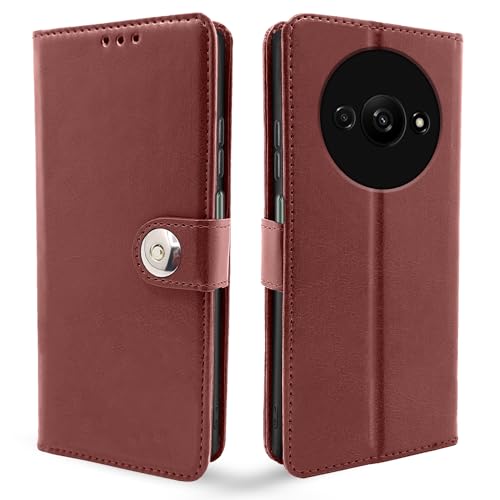 Image of Pikkme Flip Cover Leather Finish | Inside TPU with Card Pockets | Wallet Stand and Shock Proof | Complete Protection Button Flip Case for Redmi A3 (2024) / Redmi A3x / Poco C61(Brown)