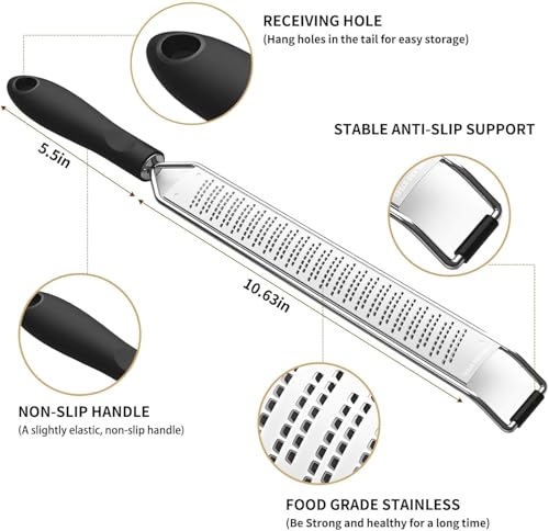 Lemon Zester & Heavy Duty Cheese Grater - Vegetable, Garlic, Nutmeg, Chocolate, Fruits, Ginger Shredder - Stainless Steel (Black) - image 2