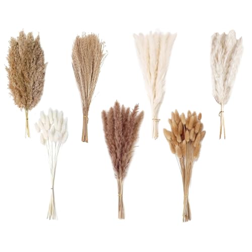 125 Stück Getrocknete Pampasgras Deko Natürliche Schilfgrasstrauß Boho Blumen mit Hasenschwanz Schilfgras für Hochzeiten, Baby Dusche Heimdekoration Rustikale Trockenblumen Arrangements