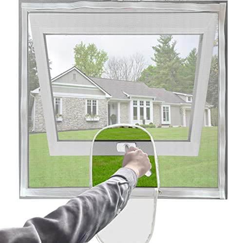 Mellroom Adjustable Window Screen Replacement kit DIY with Zipper Opening, Fiberglass White 47in X 47in can be Cut fits Smaller Size held by Adhesive Straps Easy to Open Windows,Keep Bug Mosquito Out