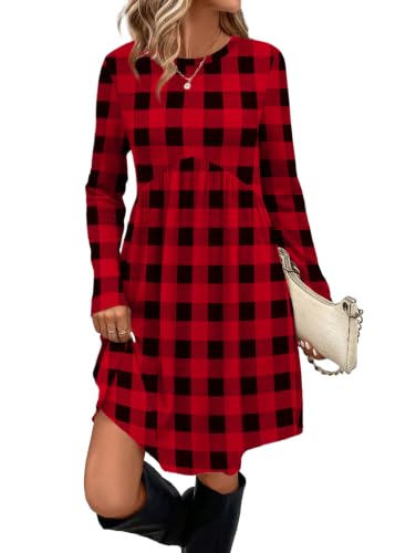 Image of OFEEFAN Long Sleeve Dress for Women Crew Neck Empire Waist Tunic Dress with Pockets