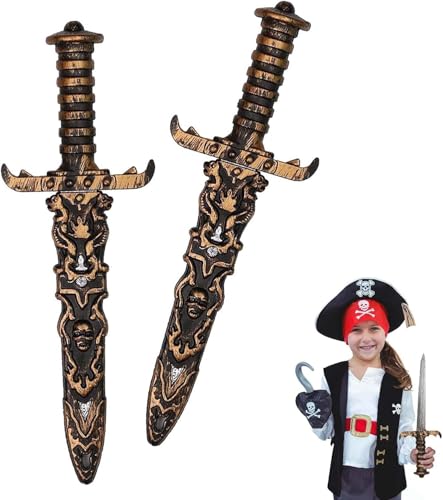 GUOYOU 2 Pièces Dague de Pirate Toy Sword, Épée de Jouet en Plastique Faux Couteau Non Tranchant Épée de Pirate,pour Accessoires de Costume de Pirate Accessoires de Fête de Pirate（Doré）