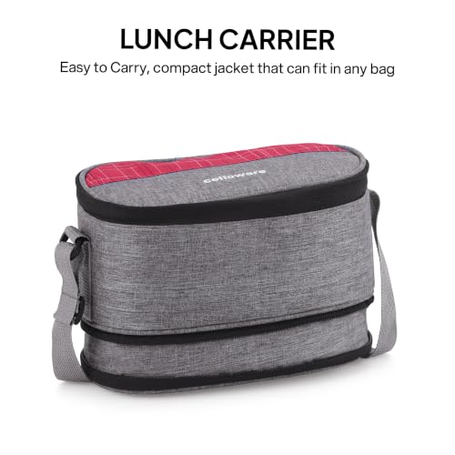 Image of CELLO MF Senator Set of 4 Stainless Steel Lunch Box with Extendable Zipper Bag, Burgundy | 300ml, 300ml, 500ml Containers, 750ml Oval Container with Spoon & Fork, Leakproof Tiffin Set for Office