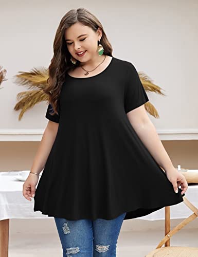 MONNURO Womens Short Sleeve Casual Loose Fit Flare Swing Tunic Tops Basic T-Shirt Plus Size3