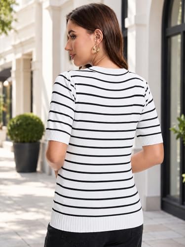 Image of Women Striped Short Sleeve Sweater Crew Neck Knit Top Pullover