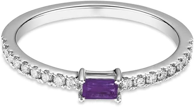 Baguette Cut Purple Amethyst Engagement Ring, 14k Gold Finish Stackable Bridal Ring, Purple Amethyst Baguette & Round Diamond Ring For Women's, Dainty Ring