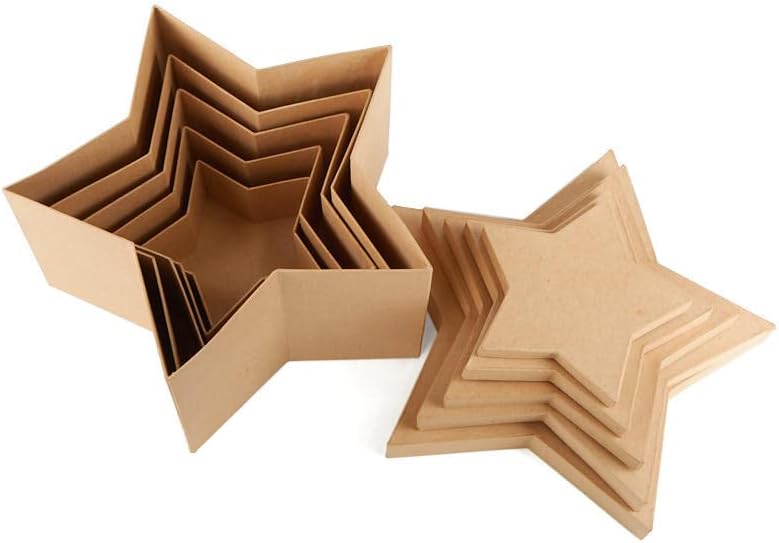 Factory Direct Craft Set of 5 Paper Mache Star Boxes - Papier Mache Cardboard Box Nested Set (7-1/2", 9", 11", 13" and 15" L) Premade Gift Boxes with Lids for DIY Painting and Decoupage