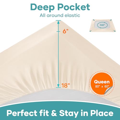 Image of OhGeni Waterproof Mattress Protector, Queen Size Mattress Pad Fitted with Deep Pocket 6 inch-18 inch, Breathable Noiseless Soft, Washable DirtProof Mattress Cover, Beige, More Than 99 pcs fibers, Daybed Cover