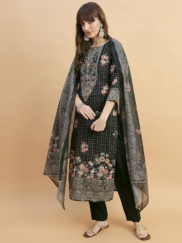 Image of SheWill Kurta Sets for Women - Red Rayon Aari Hand Work with Digital Floral Print Kurta with Pant and Chanderi Dupatta |Stylish Printed Summer Kurti Set
