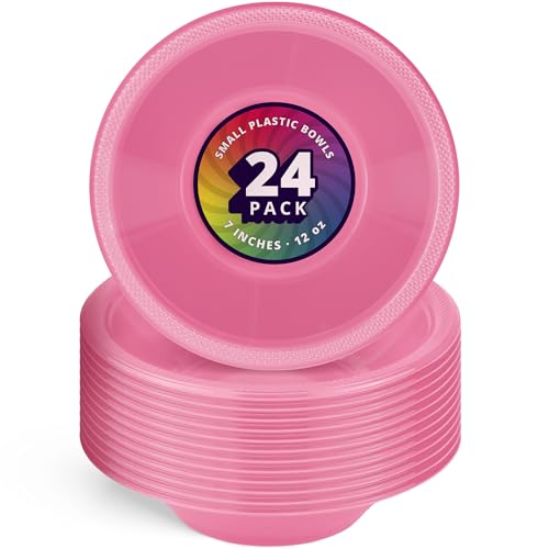 DecorRack 24 Small Plastic Bowls 7 inch Disposable 12 oz Serving Bowl Fruit Snack Popcorn Soup and Salad Kids Birthday and Holiday Party Supplies Pink (Pack of 24)