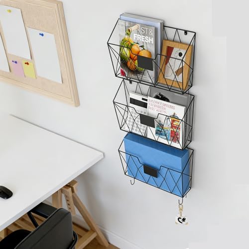UOMIO 3 Stück Wandhalter Zeitschriften Metall, Wandhalterung Organizer Schwarz, Prospekthalter Wand, Aktenregal mit 2 S-Haken, Wandaufbewahrung für Büro Schule