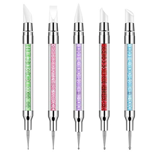 BTYMS 5 Pieces DIY Nail Art Pens Rhinestone Picker Dotting Pen Dual-ended Nail Rhinestone Picker Beads Picker Wax Nail Pen with Crystal Acrylic Handle Manicure Pedicure Nail Art Tool
