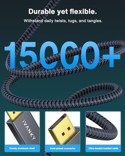 Image of IVANKY DisplayPort Cable 1.4 /10ft, 8K DP to DP Cable[8K@60Hz, 4K@144Hz, 1080P@240Hz], Support HBR3, 32.4Gbps, HDCP 2.2, HDR, Display Port Cord for Gaming Monitor, TV, PC, Laptop, Grey-10ft