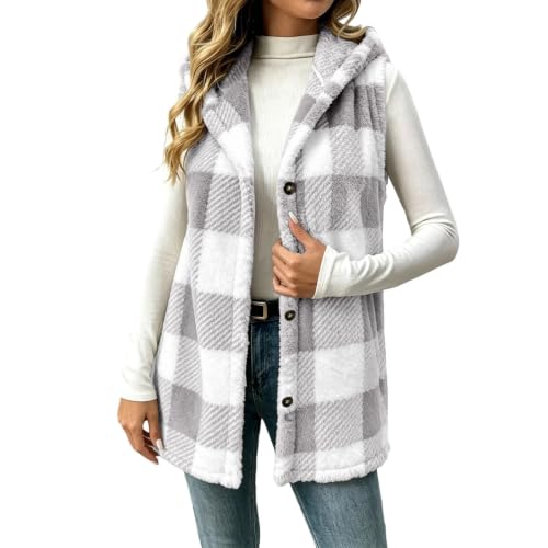 Fleece Vest Women Striped Plaid Button Down Flannel Fuzzy Oversized Vest - image 2