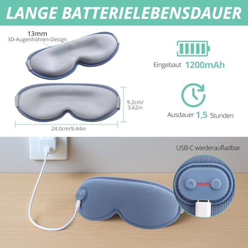 VINTEAM Kabellose Wärmebrille mit Akku – 3D Augenmaske für Trockene Augen, Entspannung und Linderung von Augenbelastung – Verstellbar, Komfortabel und Wiederaufladbar- Blau