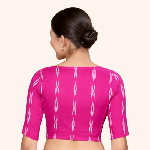 Image of Studio Shringaar Women Cotton Ikat Stretchable (Smocked) Readymade Elbow Length Sleeve Saree Blouse