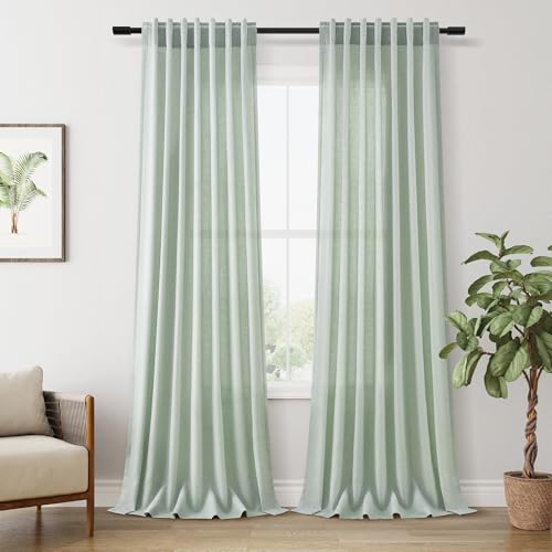 Aersas Aqua Green Semi Sheer Curtains 96 Inches Length for Living Room Linen Texture Wave Fabric Vertical Window Shades with Rod Pocket Back Tab for Bedroom Sun Room Light Filtering Home Decor 52x96